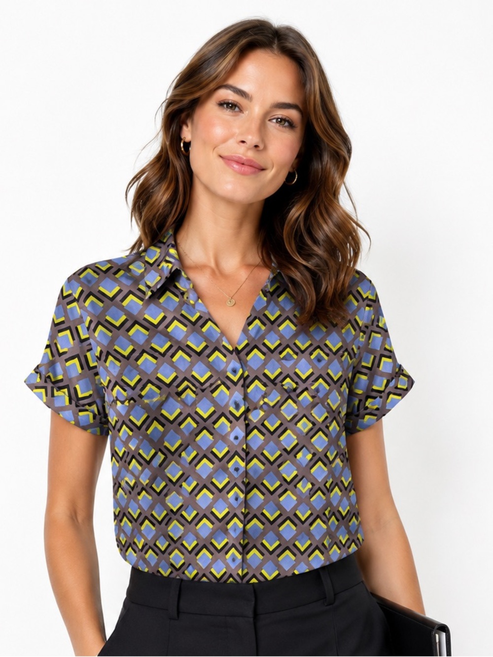 NWT Wildfang Retro Geometric Diamond Print Empower Button Down Blouse Sz S